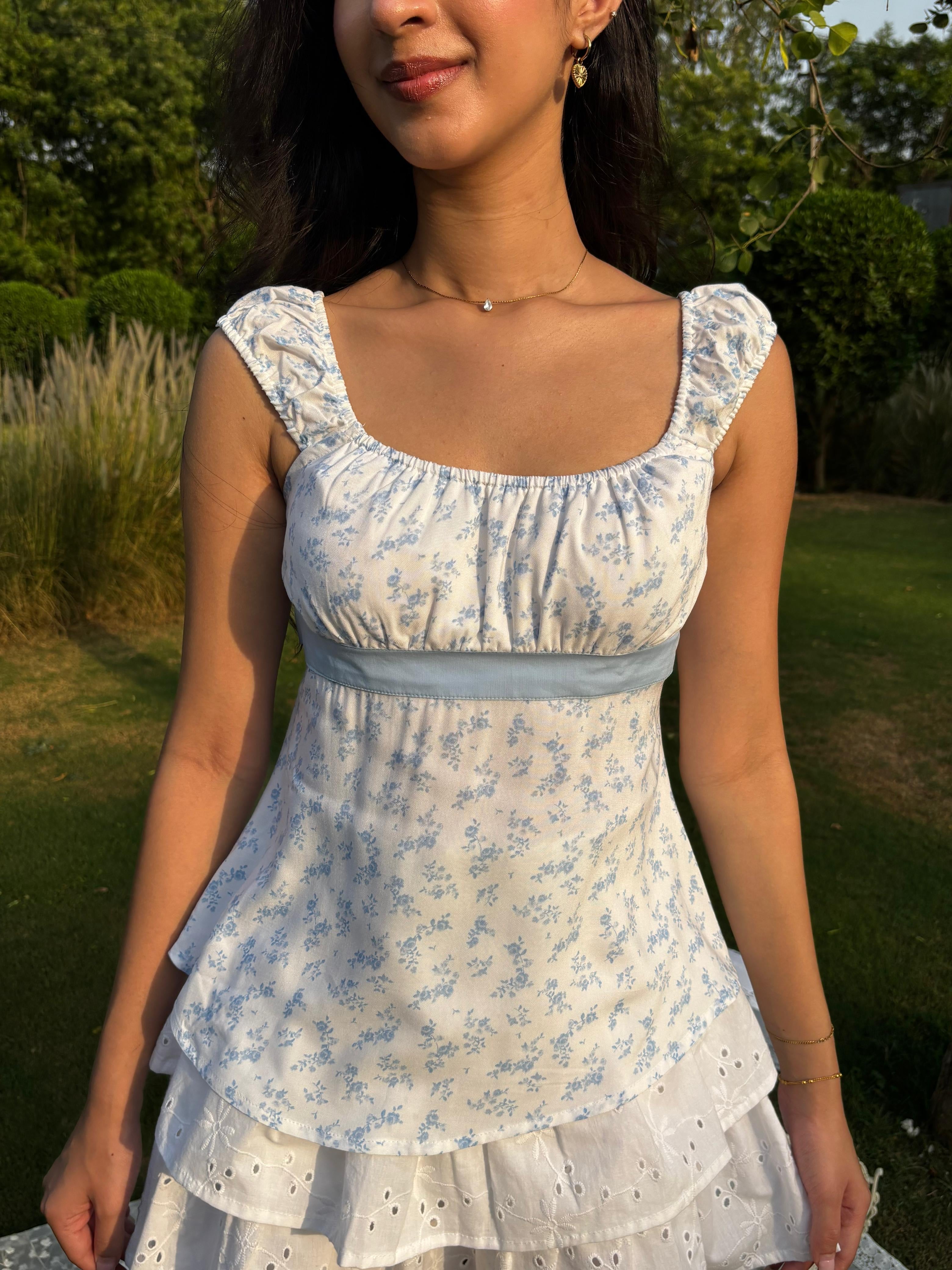 トップス andmary Flower ribbon tops blue ANDMARY】Flower ribbon tops