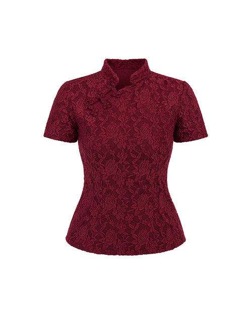 Mandarin Lace Top in Burgundy