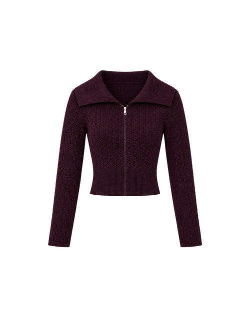 Cable Knit Zip Cardigan in Burgundy