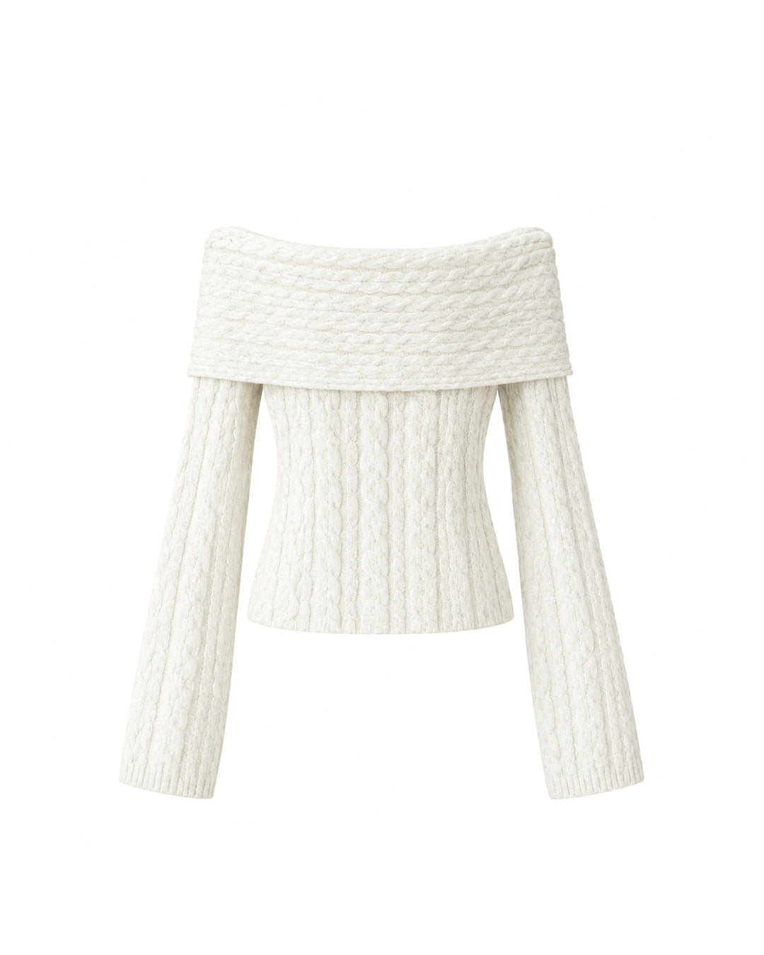 Fuzzy Cable-Knit Boat Neck Chunky Knit in Cream