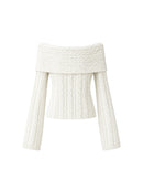 Fuzzy Cable-Knit Boat Neck Chunky Knit in Cream