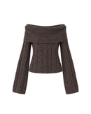 Fuzzy Cable-Knit Boat Neck Chunky Knit in Ashy Grey