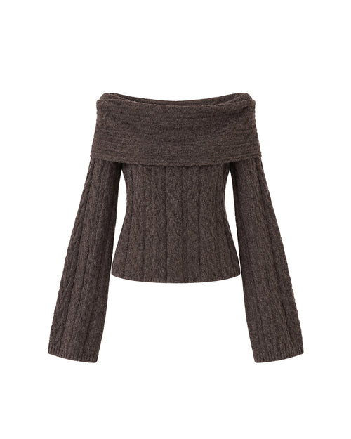 Fuzzy Cable-Knit Boat Neck Chunky Knit in Ashy Grey